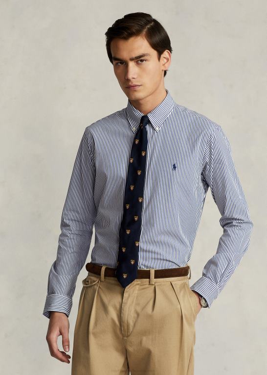 marineblå/hvid Mænd Ralph Lauren klassisk pasform stribet stræk poplin skjorte Z426B772