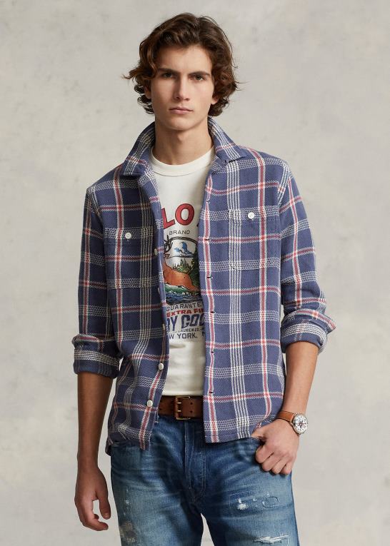 marineblå/råhvid multi Mænd Ralph Lauren klassisk pasform plaid flannel camp skjorte Z426B8465