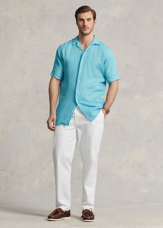 perfekt turkis Mænd Ralph Lauren linned camp skjorte Z426B1496