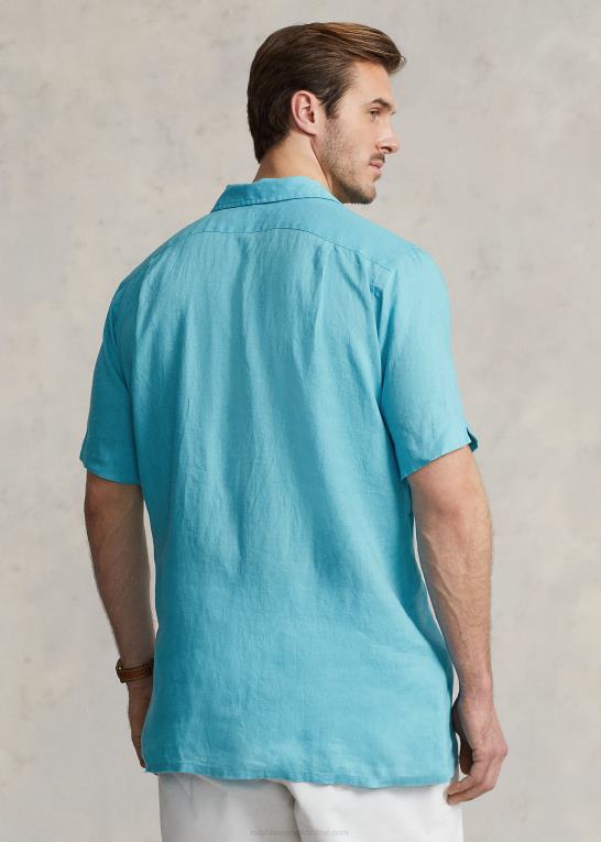 perfekt turkis Mænd Ralph Lauren linned camp skjorte Z426B1496