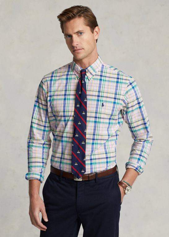 pink/grøn multi Mænd Ralph Lauren klassisk pasform plaid stretch poplin skjorte Z426B573
