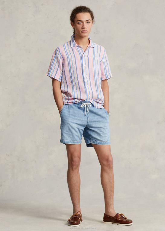 pink/marineblå multi Mænd Ralph Lauren klassisk pasform stribet linned camp skjorte Z426B1015