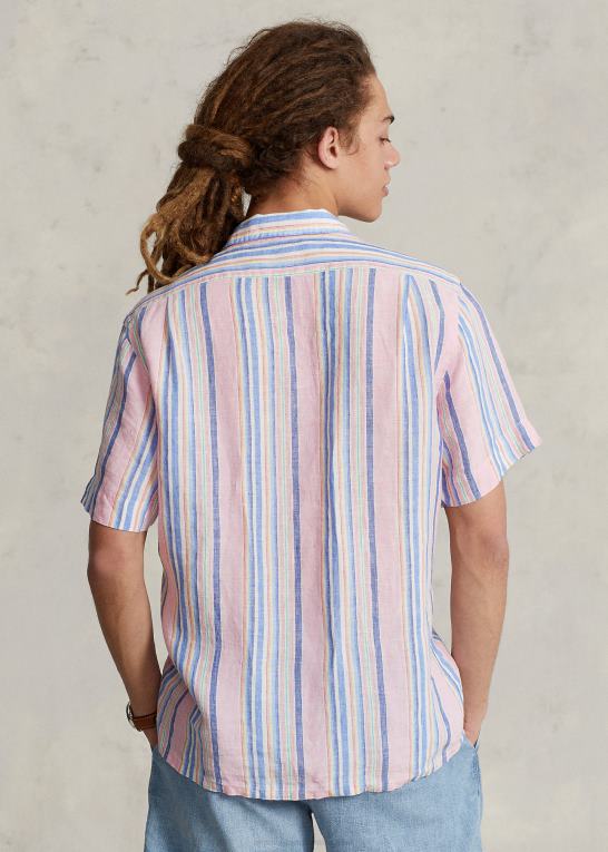pink/marineblå multi Mænd Ralph Lauren klassisk pasform stribet linned camp skjorte Z426B1015