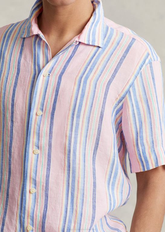 pink/marineblå multi Mænd Ralph Lauren klassisk pasform stribet linned camp skjorte Z426B1015