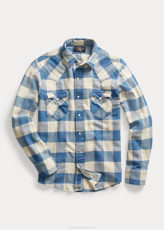 rl 158 indigo creme Mænd Ralph Lauren slim fit plaid twill westernskjorte Z426B1772