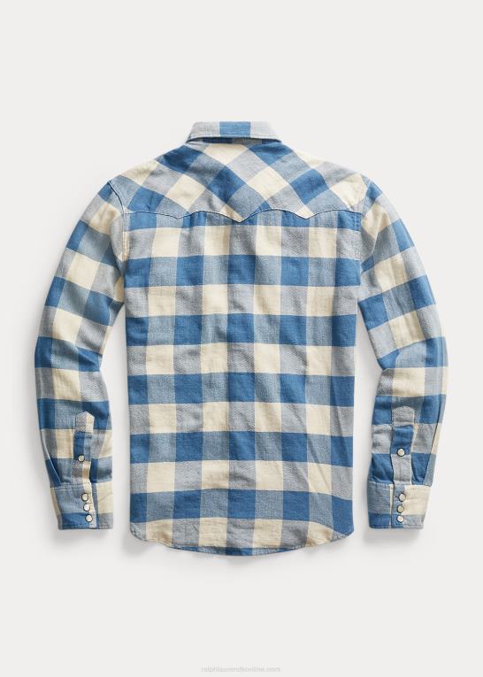 rl 158 indigo creme Mænd Ralph Lauren slim fit plaid twill westernskjorte Z426B1772
