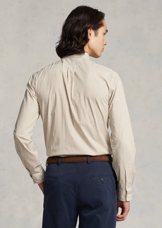 vintage kaki/hvid Mænd Ralph Lauren klassisk pasform stribet stræk poplin skjorte Z426B775