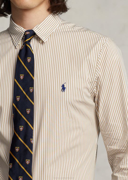 vintage kaki/hvid Mænd Ralph Lauren klassisk pasform stribet stræk poplin skjorte Z426B775