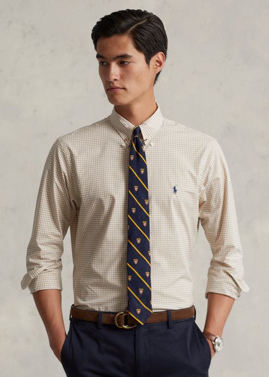 vintage kaki/hvid Mænd Ralph Lauren slim fit gingham stretch poplin skjorte Z426B814