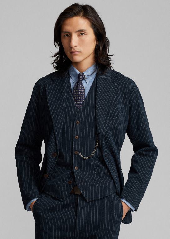 indigo nålestribe Mænd Ralph Lauren ukonstrueret sildebens sportsfrakke Z426B1726