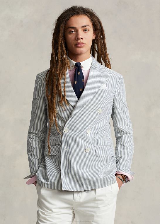 antik creme/blå Mænd Ralph Lauren polo blød seersucker jakkesæt Z426B1071