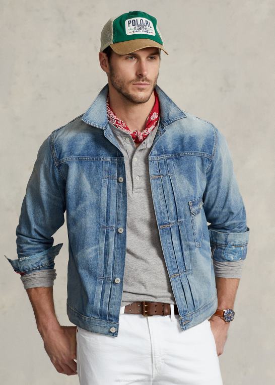 blå Mænd Ralph Lauren distressed denim trucker jakke Z426B1655
