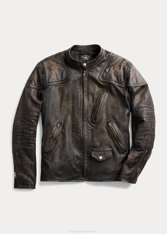 sort Mænd Ralph Lauren slim fit læder moto jakke Z426B1759