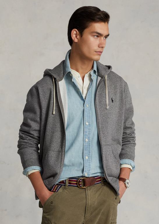 askegrå lyng Mænd Ralph Lauren fleece hættetrøje med fuld lynlås Z426B393