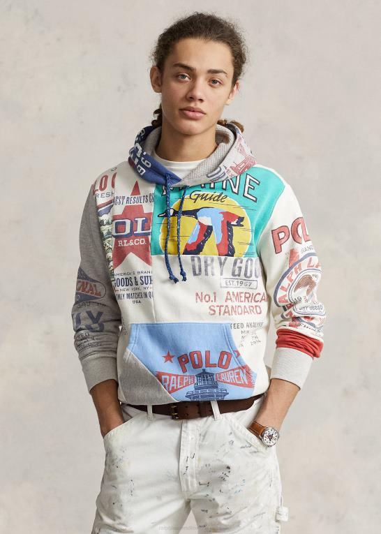 deckwash hvid multi Mænd Ralph Lauren patchwork fleece grafisk hættetrøje Z426B8499