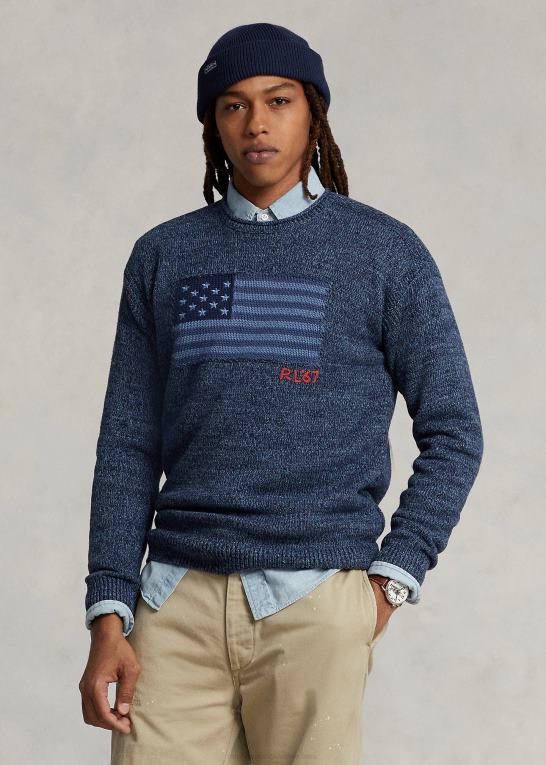 blå mergel Mænd Ralph Lauren flag bomuldstrøje med rullekrave Z426B1085