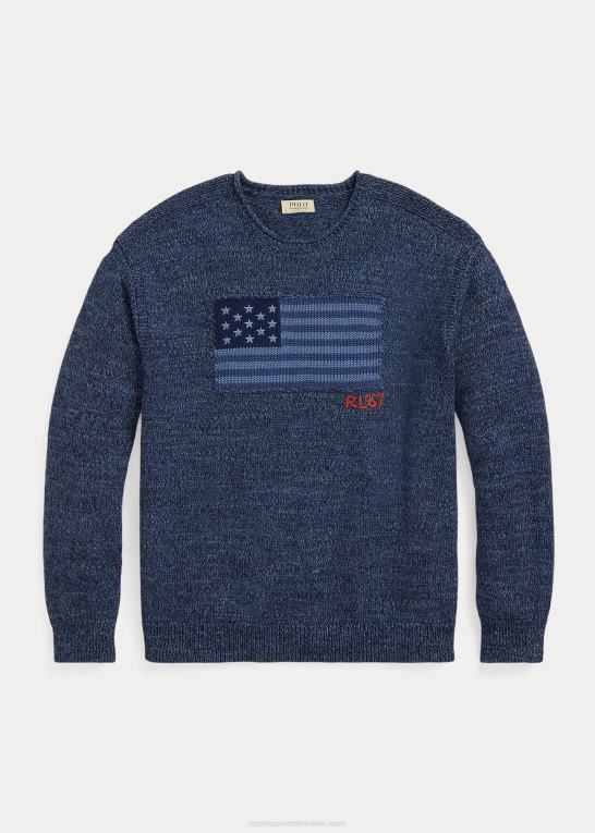 blå mergel Mænd Ralph Lauren flag bomuldstrøje med rullekrave Z426B1085