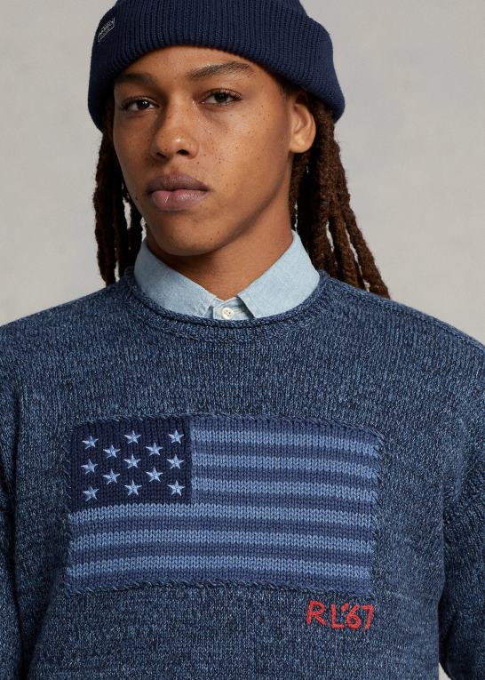 blå mergel Mænd Ralph Lauren flag bomuldstrøje med rullekrave Z426B1085