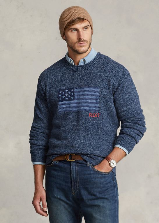 blå mergel Mænd Ralph Lauren flag bomuldstrøje med rullekrave Z426B1807