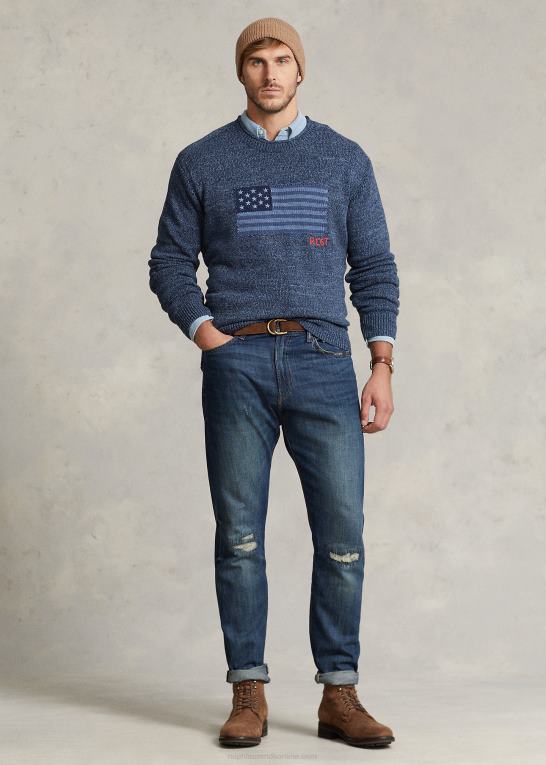 blå mergel Mænd Ralph Lauren flag bomuldstrøje med rullekrave Z426B1807