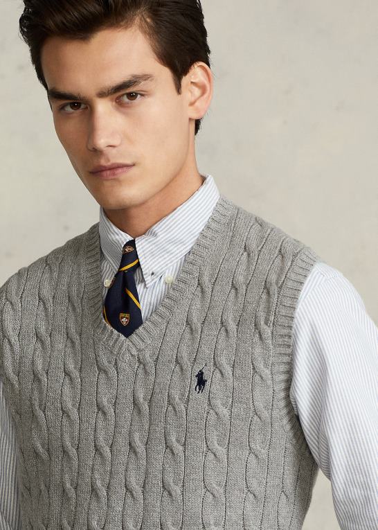 fawn grå lyng Mænd Ralph Lauren kabelstrikket bomuldstrøjevest Z426B505