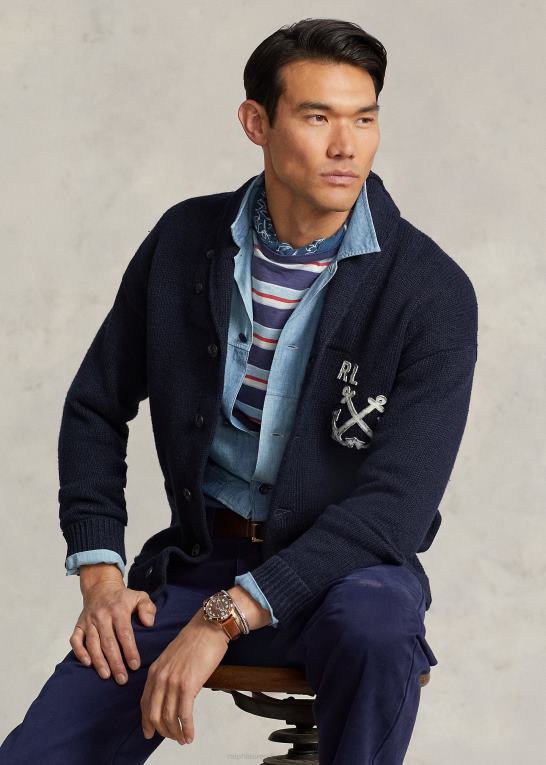 flåde Mænd Ralph Lauren nautisk bomuld-hør sjal cardigan Z426B1255