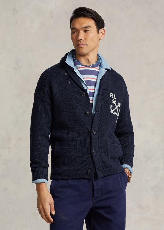 flåde Mænd Ralph Lauren nautisk bomuld-hør sjal cardigan Z426B1255