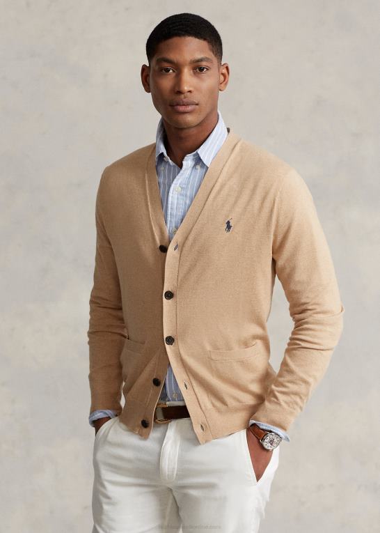 kamel melange Mænd Ralph Lauren cardigan i bomuld med v-hals Z426B396