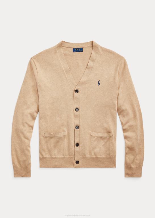 kamel melange Mænd Ralph Lauren cardigan i bomuld med v-hals Z426B396