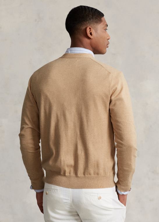 kamel melange Mænd Ralph Lauren cardigan i bomuld med v-hals Z426B396