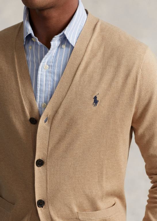 kamel melange Mænd Ralph Lauren cardigan i bomuld med v-hals Z426B396