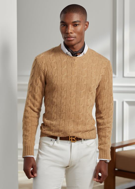 kamel melange Mænd Ralph Lauren kabelstrikket kashmirtrøje Z426B70