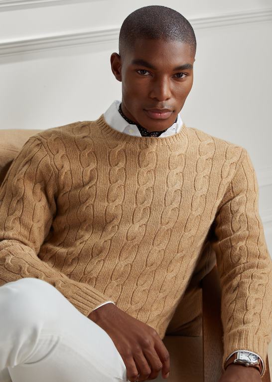 kamel melange Mænd Ralph Lauren kabelstrikket kashmirtrøje Z426B70
