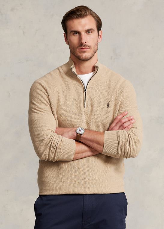 kamel melange Mænd Ralph Lauren mesh-strikket bomuldstrøje med kvart lynlås Z426B1916