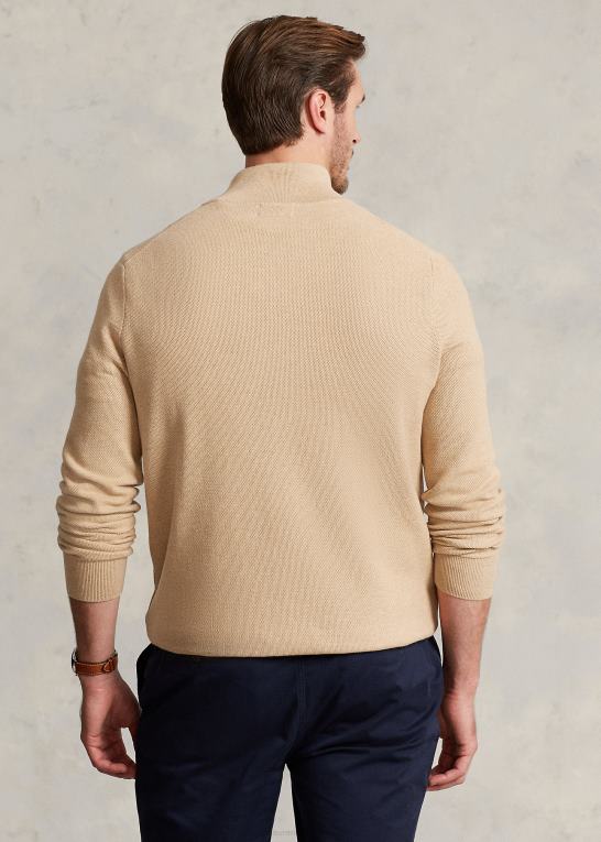 kamel melange Mænd Ralph Lauren mesh-strikket bomuldstrøje med kvart lynlås Z426B1916