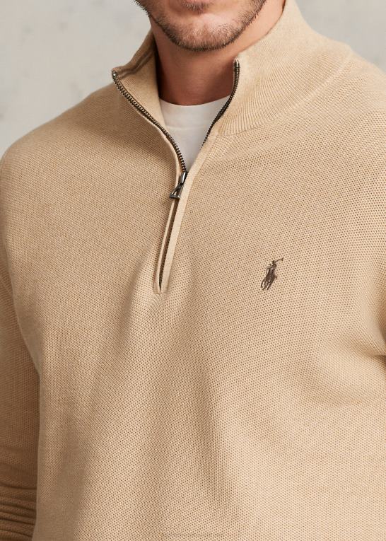 kamel melange Mænd Ralph Lauren mesh-strikket bomuldstrøje med kvart lynlås Z426B1916