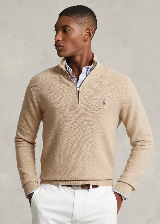 kamel melange Mænd Ralph Lauren mesh-strikket bomuldstrøje med kvart lynlås Z426B512