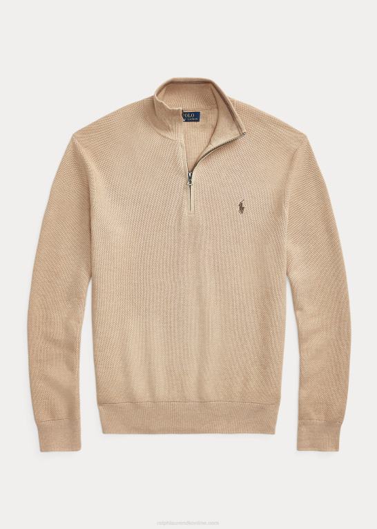 kamel melange Mænd Ralph Lauren mesh-strikket bomuldstrøje med kvart lynlås Z426B512