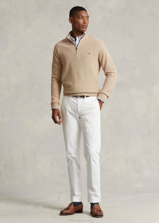kamel melange Mænd Ralph Lauren mesh-strikket bomuldstrøje med kvart lynlås Z426B512