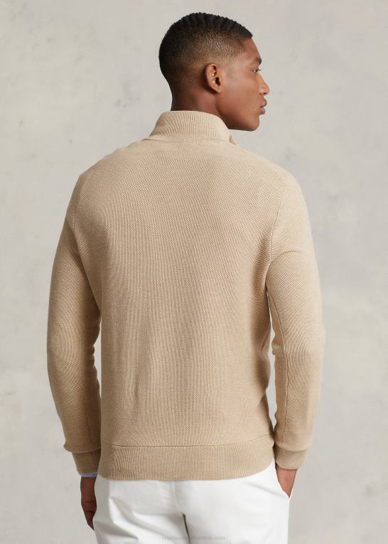 kamel melange Mænd Ralph Lauren mesh-strikket bomuldstrøje med kvart lynlås Z426B512