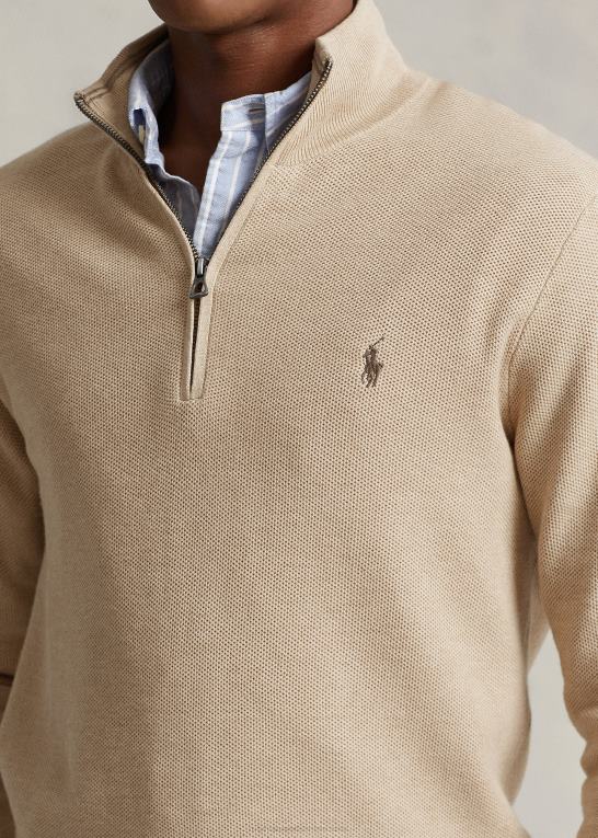 kamel melange Mænd Ralph Lauren mesh-strikket bomuldstrøje med kvart lynlås Z426B512
