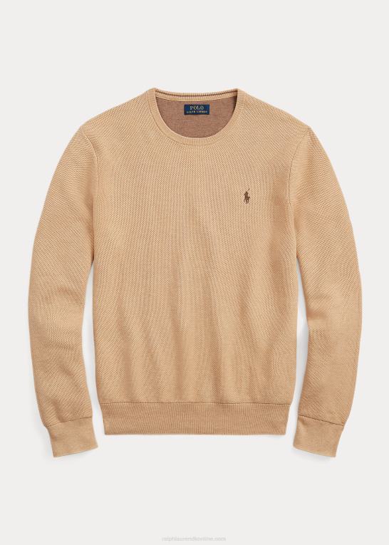 kamel melange Mænd Ralph Lauren mesh-strikket bomuldstrøje med rund hals Z426B673