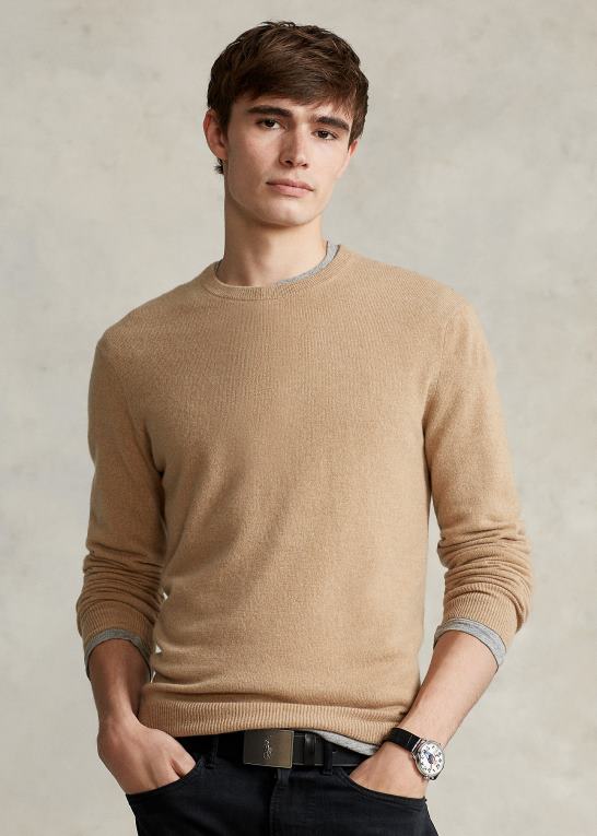 kamel melange Mænd Ralph Lauren vaskbar kashmir sweater med rund hals Z426B597
