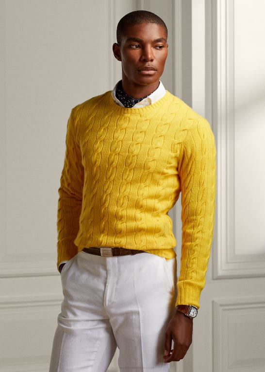 klassisk citrongul Mænd Ralph Lauren kabelstrikket kashmirtrøje Z426B78
