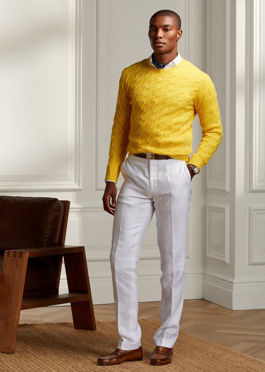 klassisk citrongul Mænd Ralph Lauren kabelstrikket kashmirtrøje Z426B78