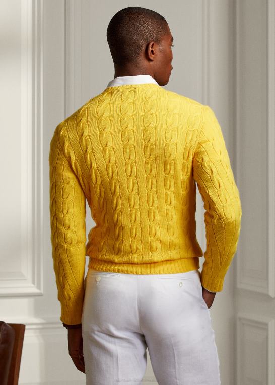 klassisk citrongul Mænd Ralph Lauren kabelstrikket kashmirtrøje Z426B78