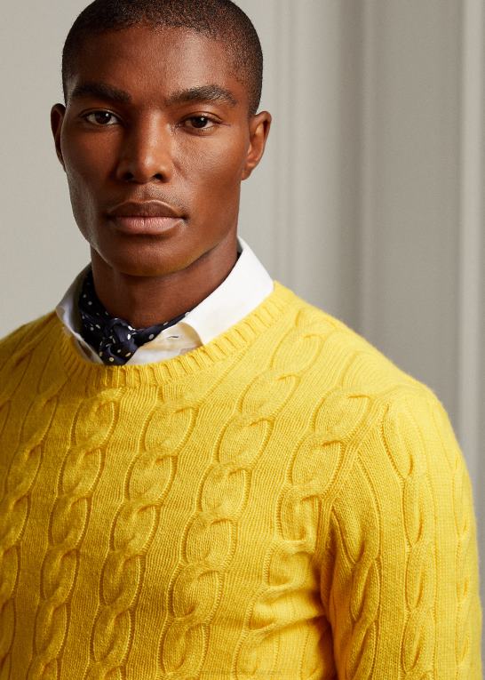klassisk citrongul Mænd Ralph Lauren kabelstrikket kashmirtrøje Z426B78