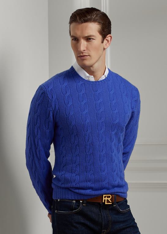 klassisk copenblå Mænd Ralph Lauren kabelstrikket kashmirtrøje Z426B76