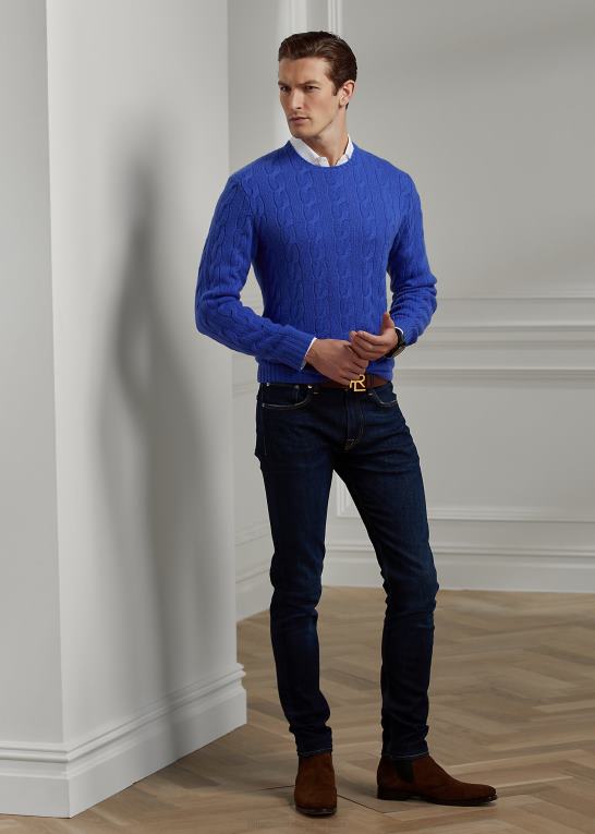 klassisk copenblå Mænd Ralph Lauren kabelstrikket kashmirtrøje Z426B76