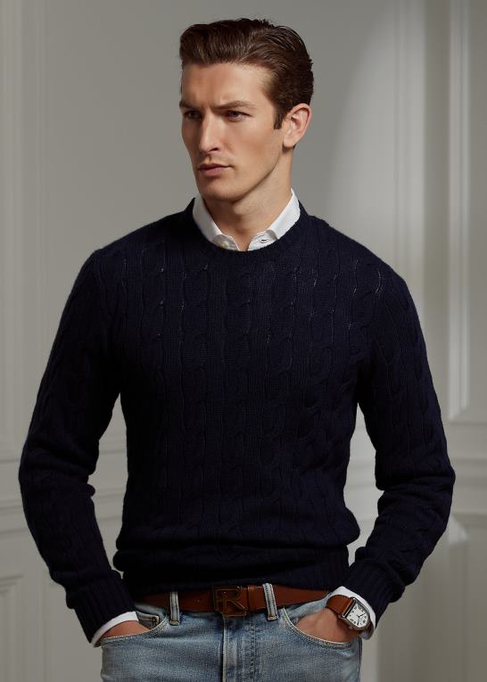 klassisk formand flåde Mænd Ralph Lauren kabelstrikket kashmirtrøje Z426B72